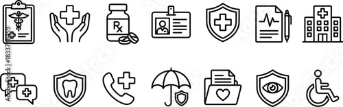 Medical Health and Insurance Icon Set Hospital, Cross, Prescription, Policy, Doctor Call, Wheelchair, Tooth, and Heartbeat Outline Vector Collection