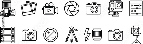 Photography and Videography Icon Set Digital Camera, Lens, Shutter, Film Strip, Tripod, Action Cam, Video Production, and Photo Studio Outline Vector Collection