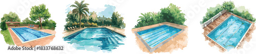 Swimming pool vector illustration set, hand drawn watercolor painting style, pool clip art, clip art pool, swimming pool clip art, isolated on white background