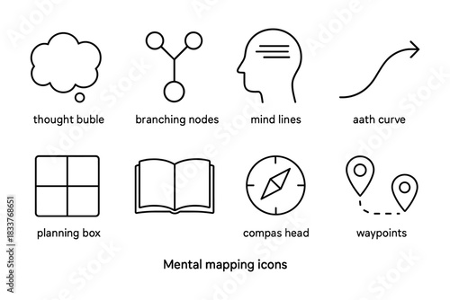 Minimalist linear icons for mind mapping and planning concepts