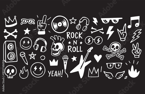 Rock and roll doodle vector set with skulls, guitars, music notes, lightning bolts, and punk elements. Perfect for t-shirts, posters, stickers, album covers black and white art