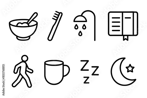 Daily routine icons: linear symbols for morning and evening activities