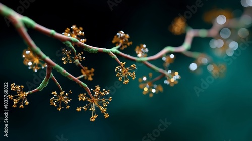 Close up view of a branch with small star shaped golden flowers and bokeh effects