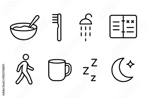 Daily routine icons: minimalist line art for morning and night activities