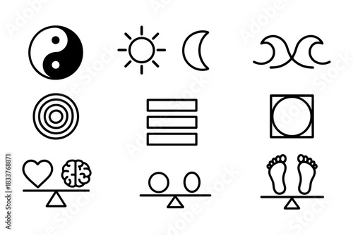 Minimalist symbols set featuring balance and harmony elements in linear style