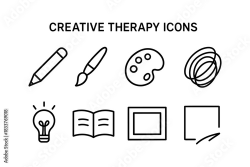 Creative therapy icons: art supplies and tools in minimalist line style