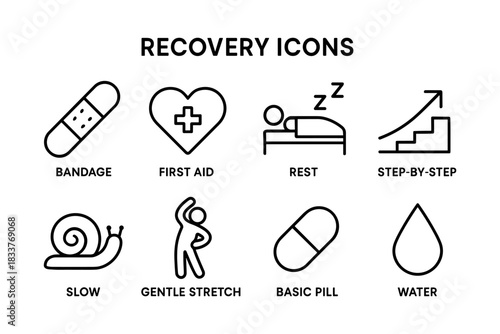 Health and recovery icons set: first aid, rest, wellness, and healing elements