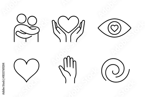 Minimalist icons of love and connection with heart and hand motifs