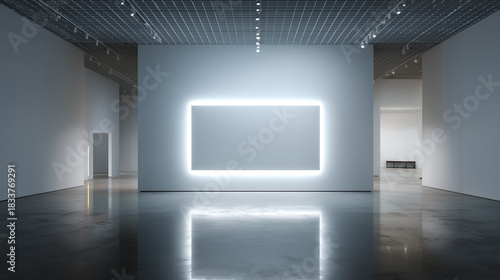Empty Modern Art Gallery Interior with Glowing Rectangular Light Frame on White Wall and Reflective Polished Concrete Floor