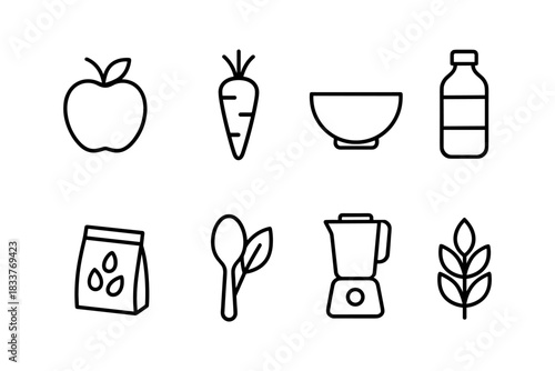Minimalist food and kitchen icons featuring apple, carrot, bowl, and blender