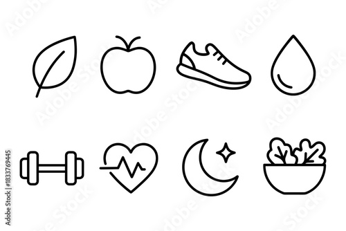 Linear health and fitness icons featuring nature, exercise, and wellness