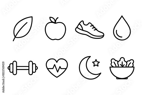 Essential icons for health and wellness: fitness, nutrition, and lifestyle symbols in a simple linear style