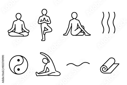Minimalist yoga poses and meditation icons for wellness and relaxation
