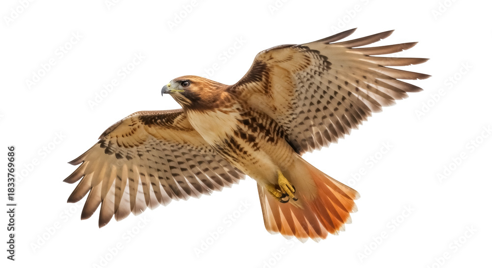 Fototapeta premium Red-tailed hawk flying isolated PNG on transparent background, majestic bird of prey with outstretched wings, wildlife animal