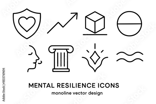 Mental resilience icon set: monoline design featuring symbols of strength and growth
