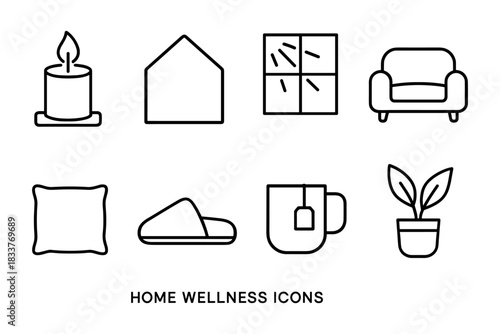 Minimalist home wellness icons featuring candle, mug, plant, and more for relaxing spaces