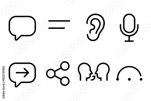 Communication icons set: ear, speech bubble, microphone, and sharing symbols in linear design