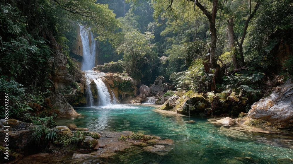 Naklejka premium A waterfall is flowing into a river in a lush green forest. The water is crystal clear and the trees are tall and green. The scene is peaceful and serene