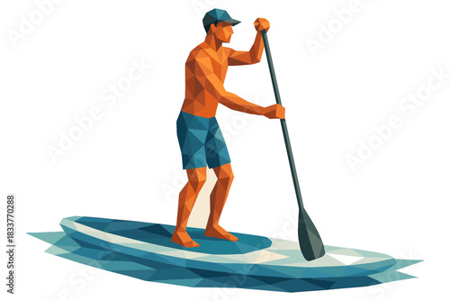 Low poly paddleboarder in action on calm water