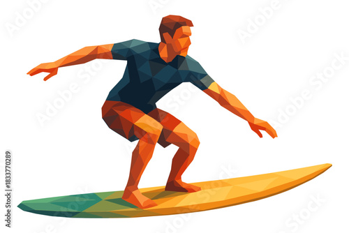 Low poly surfer riding waves in geometric style