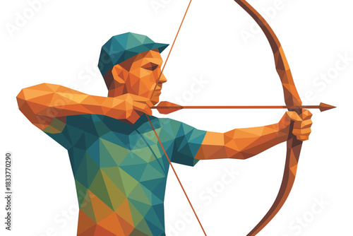 Geometric archer aiming bow: colorful low poly sportsman in action