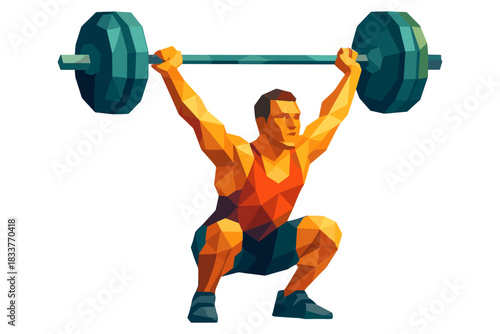 Low poly athlete lifting barbell in vibrant geometric style