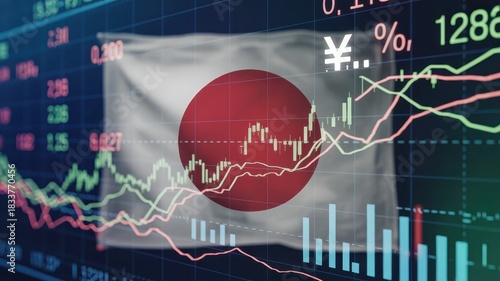 Wallpaper Mural Financial market performance displays superimposed over the national banner of an East Asian nation. Torontodigital.ca