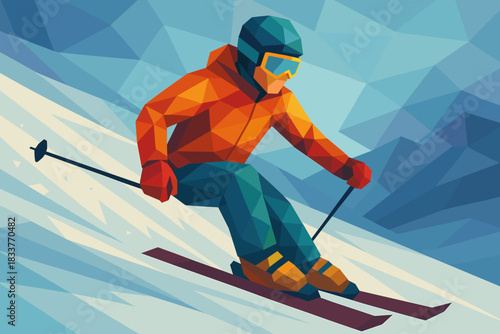 Geometric skier in motion on a vibrant winter slope