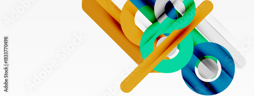 Abstract composition. Colorful cylinders, tubes intersect creating dynamic visual effect. Minimalist design, clean background.