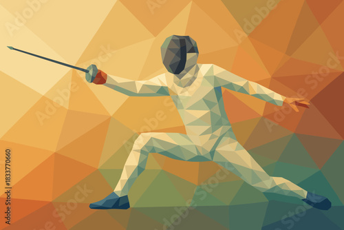 Geometric fencer in action: low poly art of a dynamic fencing pose
