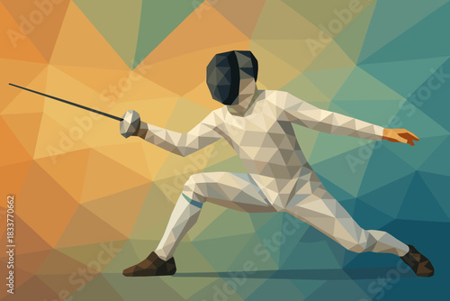 Geometric fencer in action: low poly sports art