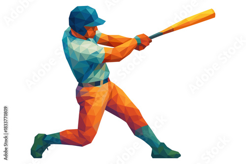 Abstract geometric baseball player in action with low poly design