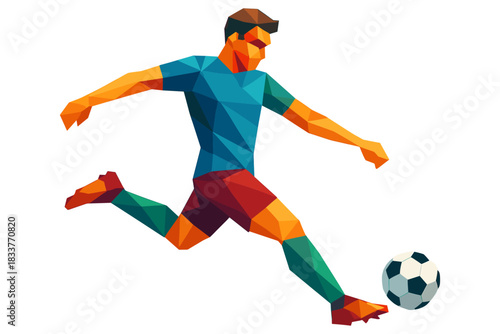 Low poly soccer player kicking ball geometric art