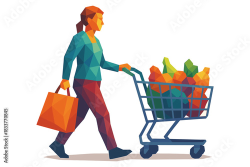 Geometric art of woman shopping with cart full of fruits and vegetables