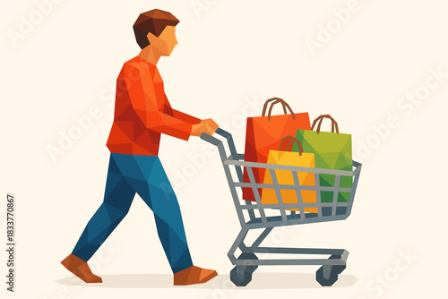 Geometric art style shopping journey: man with shopping cart and colorful bags