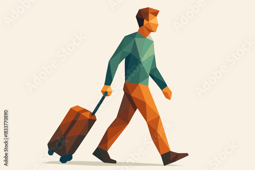 Low poly traveler walking with luggage in geometric style