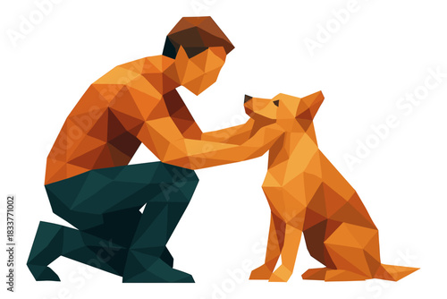 Geometric art of man and dog interaction in low poly style