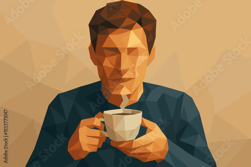 Polygon art of a man enjoying a hot beverage