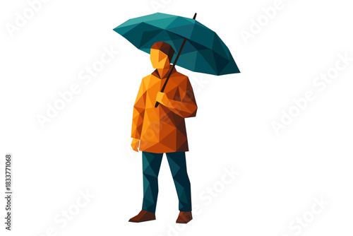 Low poly geometric style person holding umbrella in vibrant colors