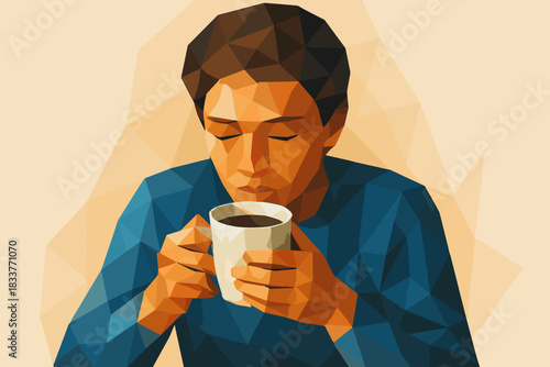 Geometric low poly portrait of person enjoying a hot drink on a relaxing day
