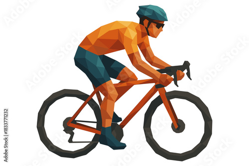 Geometric cyclist riding bike in orange and blue polygonal art style