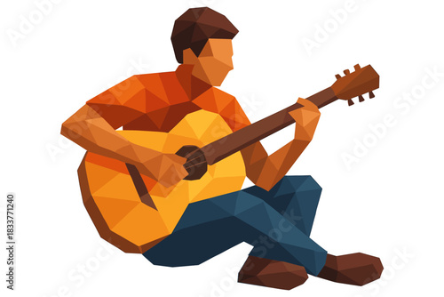 Polygonal art of a guitarist in orange shirt playing an acoustic guitar