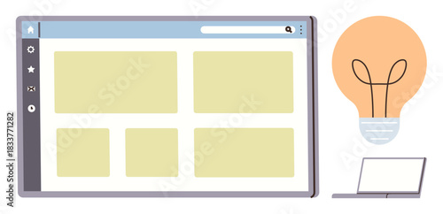 Web page interface alongside a glowing light bulb and laptop. Ideal for creativity, innovation, design planning, digital strategy, brainstorming, tech development, simple flat metaphor