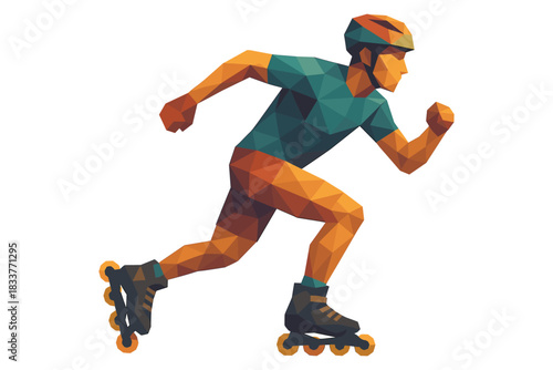 Geometric inline skater in motion: vibrant low poly design for dynamic sports concepts