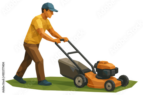 Low poly style man mowing lawn with gasoline lawnmower on grass