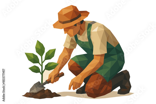 Geometric gardening: low poly farmer planting a young green seedling