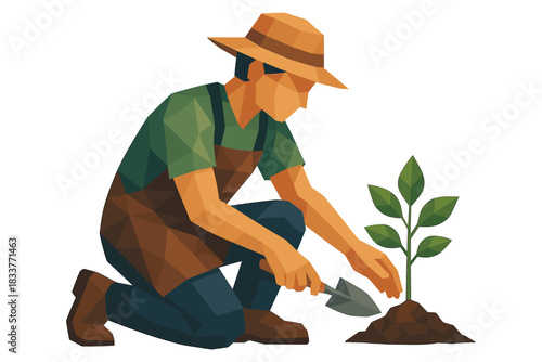 Low poly farmer planting small tree with gardening tools on white background