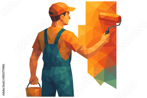 Geometric painter applying orange paint with roller in low poly style