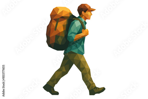 Low poly wanderer trekking with backpack in geometric design