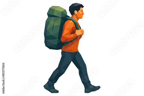 Low poly hiker in motion with backpack on isolated white background